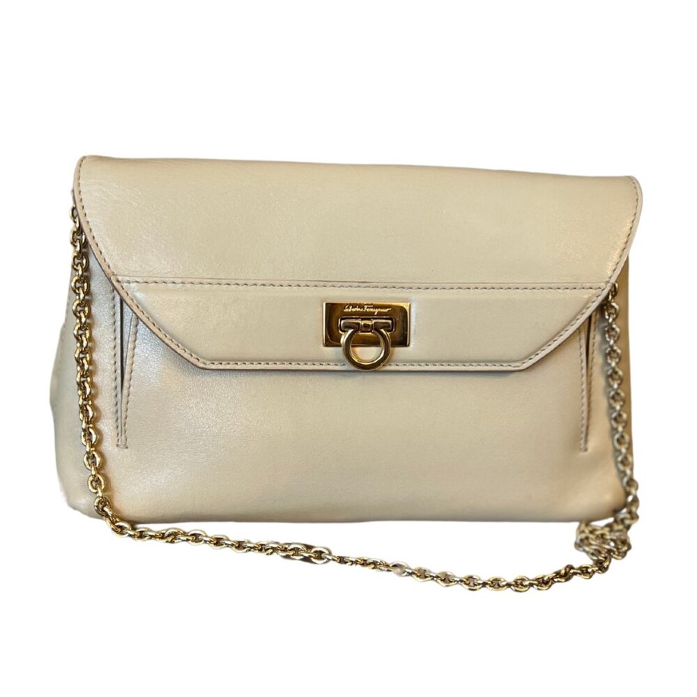 Salvatore Ferragamo Gancio Lock Leather Shoulder Bag/Clutch – Ivory/Cream